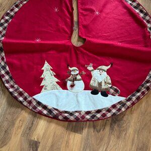 Christmas Tree Skirt With Santa & Snowman Appliqué Red Plaid Trim 52" Diameter